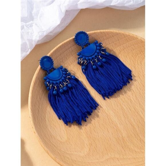 WOMEN'S Blue Bead & Geometric Metal Tassel Drop Earrings - Picture 3 of 3